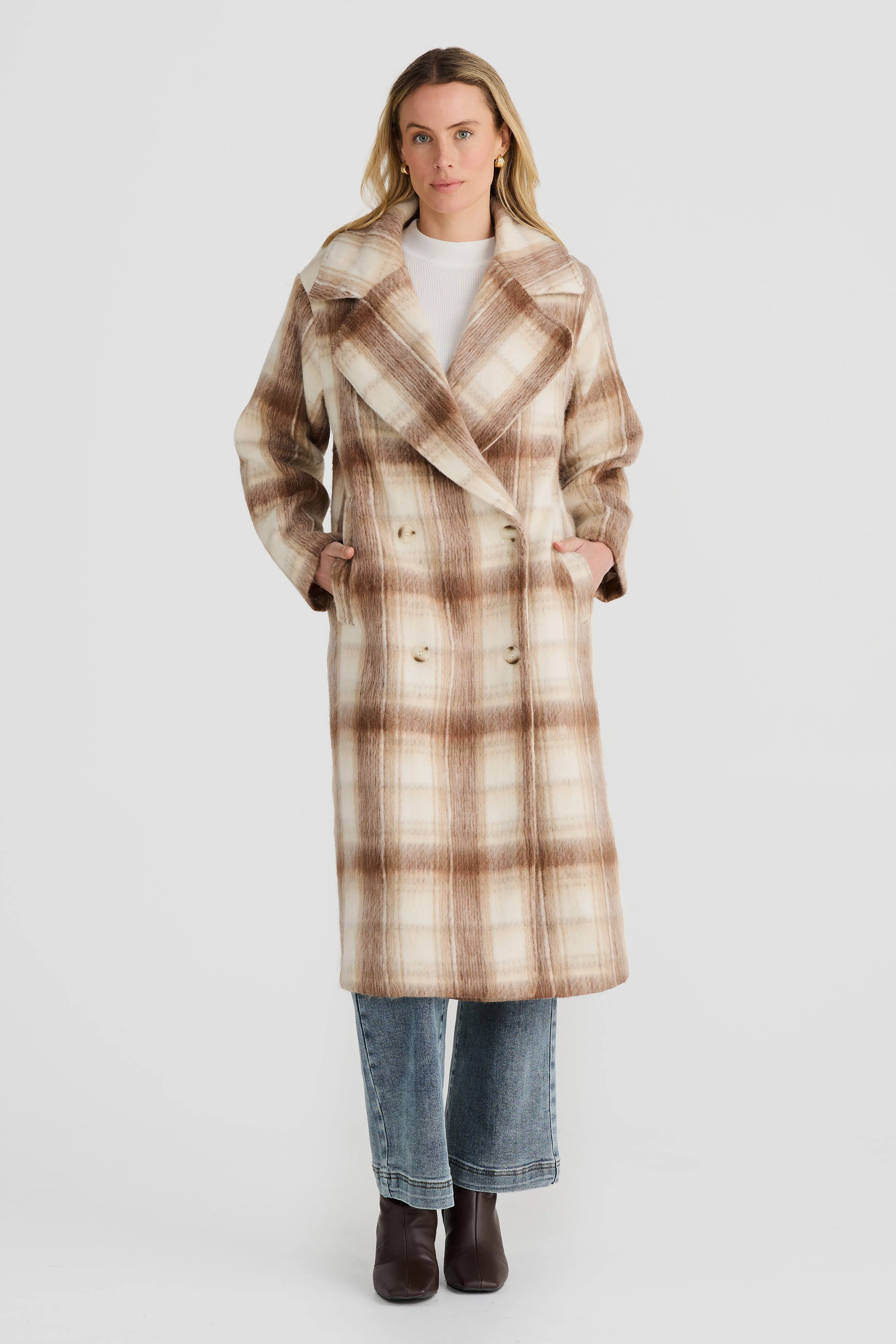 Core Oversized Coat - Latte Check