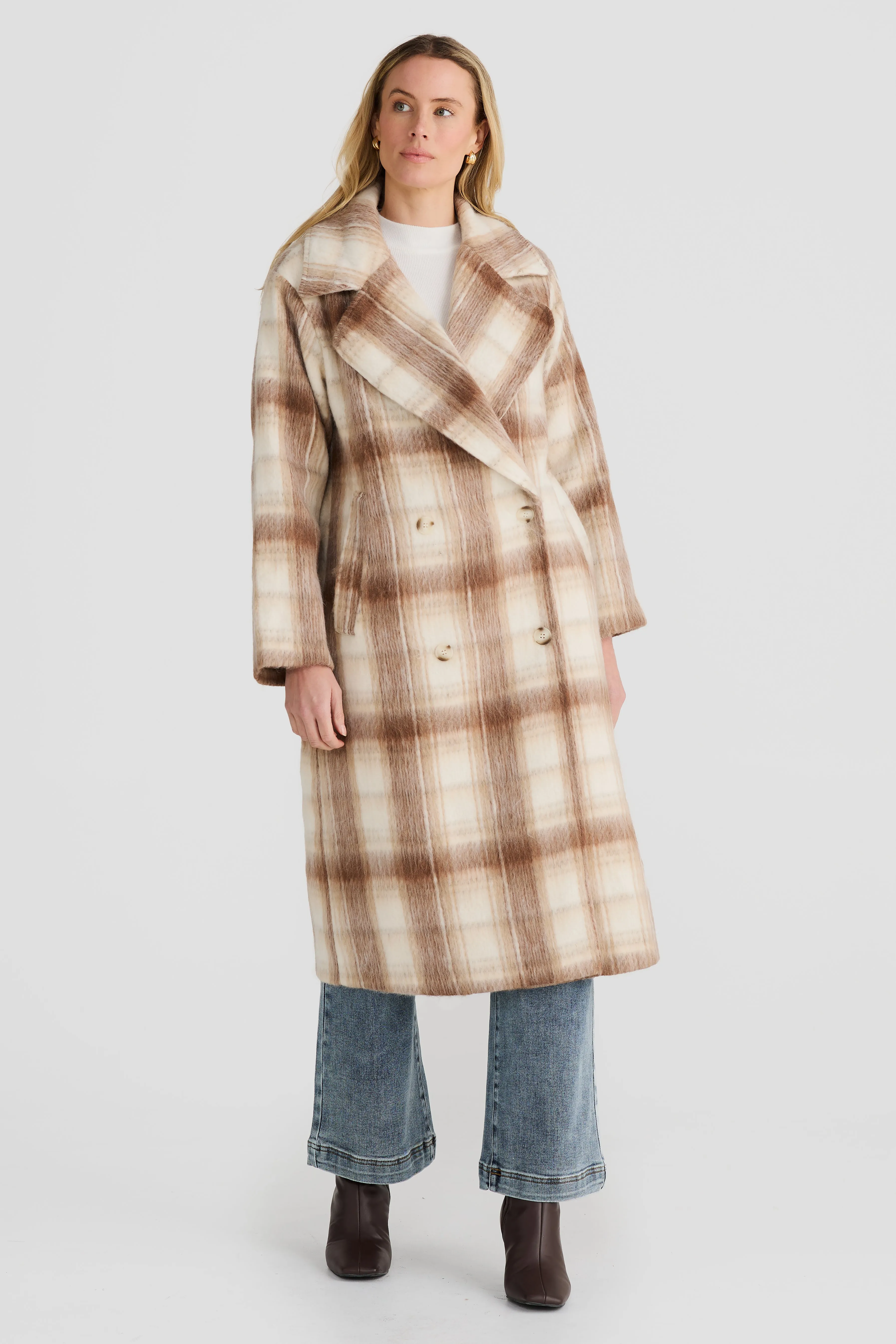 Core Oversized Coat - Latte Check