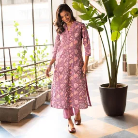 Cotton Printed Kurta for Women | Purple | Straight Fit