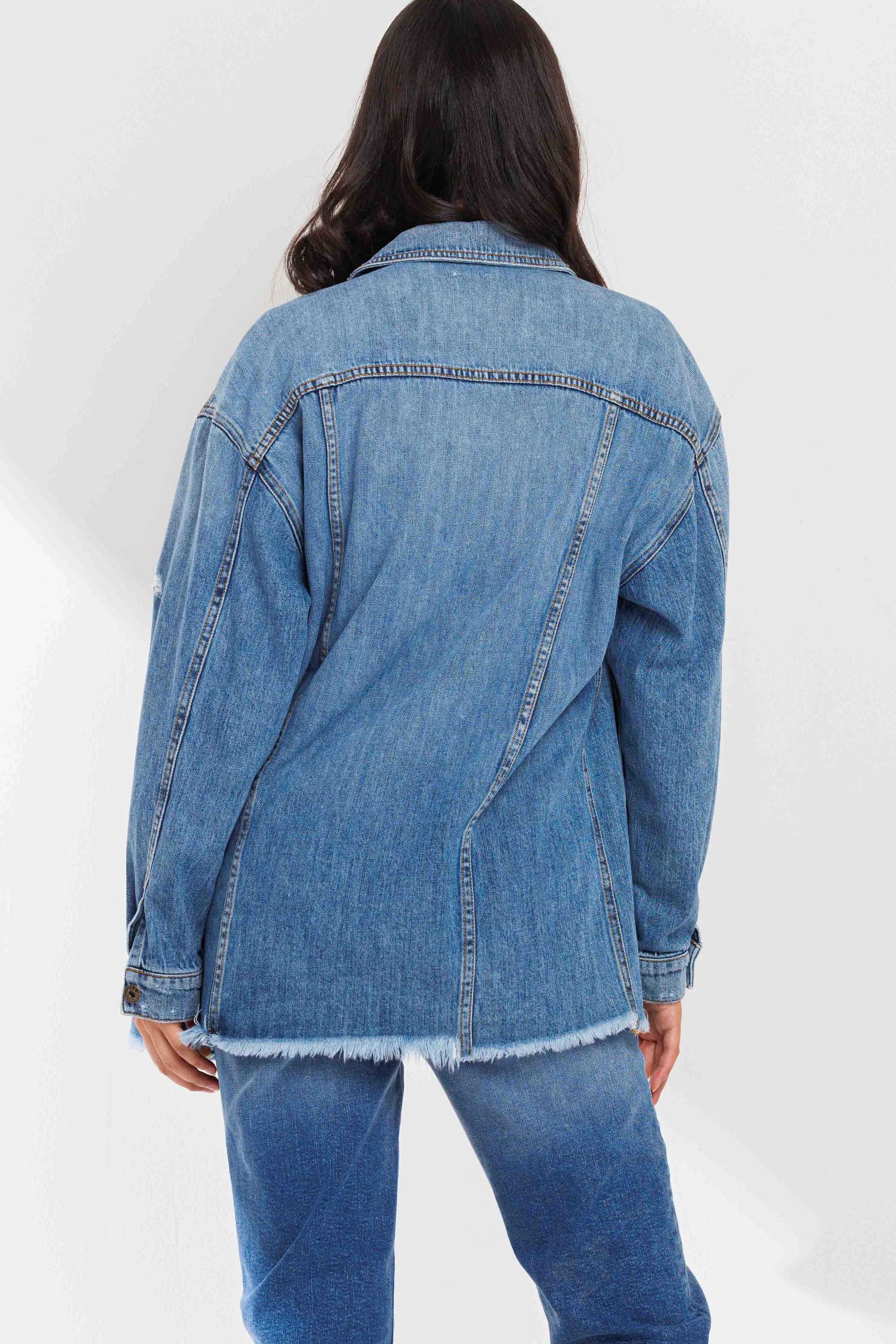 DISTRESSED DROP SHOULDER OVERSIZED DENIM BUTTON UP JACKET WITH FRAY HEM / SP-J4252