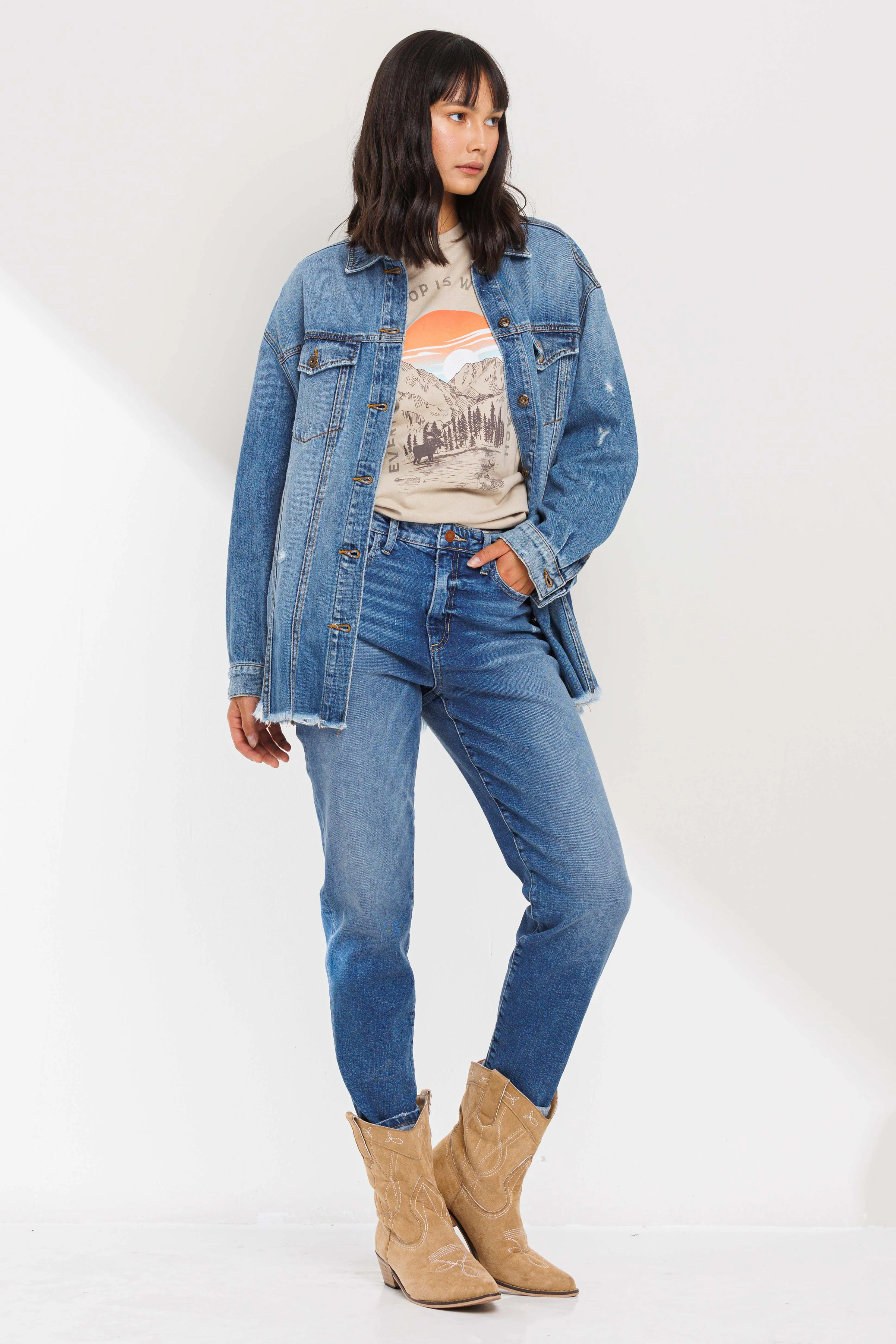 DISTRESSED DROP SHOULDER OVERSIZED DENIM BUTTON UP JACKET WITH FRAY HEM / SP-J4252