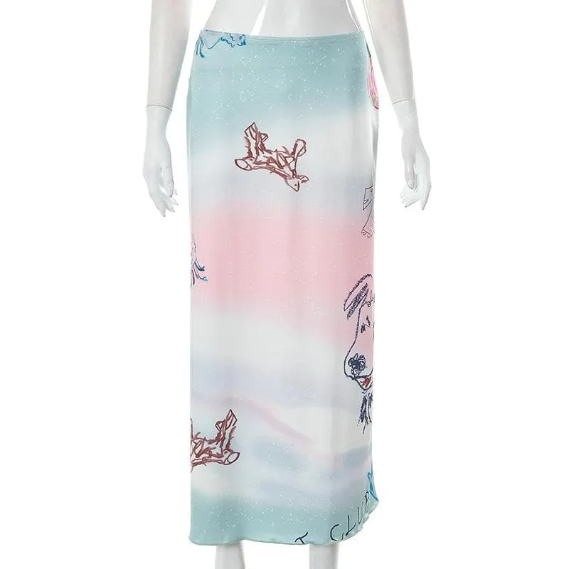 Dog pattern low rise tie dye contrast maxi skirt