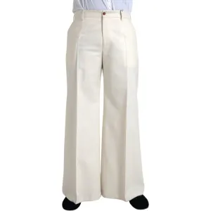 Dolce & Gabbana White Wool Wide Leg Mid Waist Pants