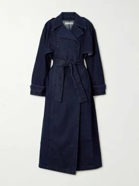 Double-breasted denim trench coat