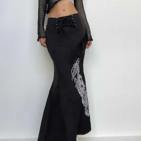 Dragon pattern lace up contrast lace hem maxi skirt