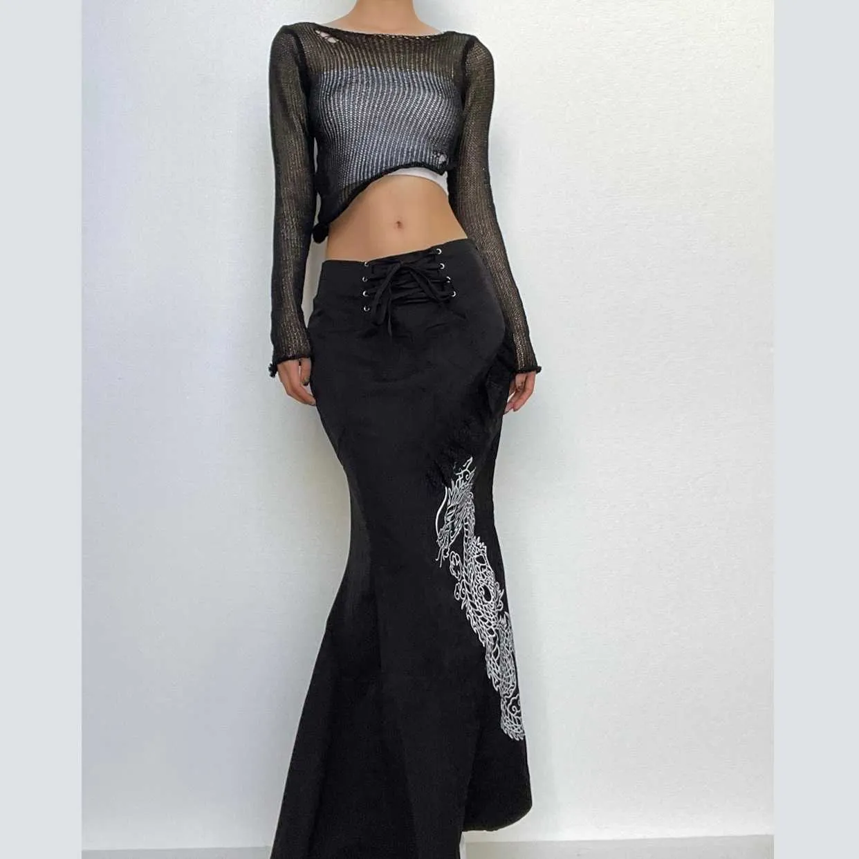 Dragon pattern lace up contrast lace hem maxi skirt