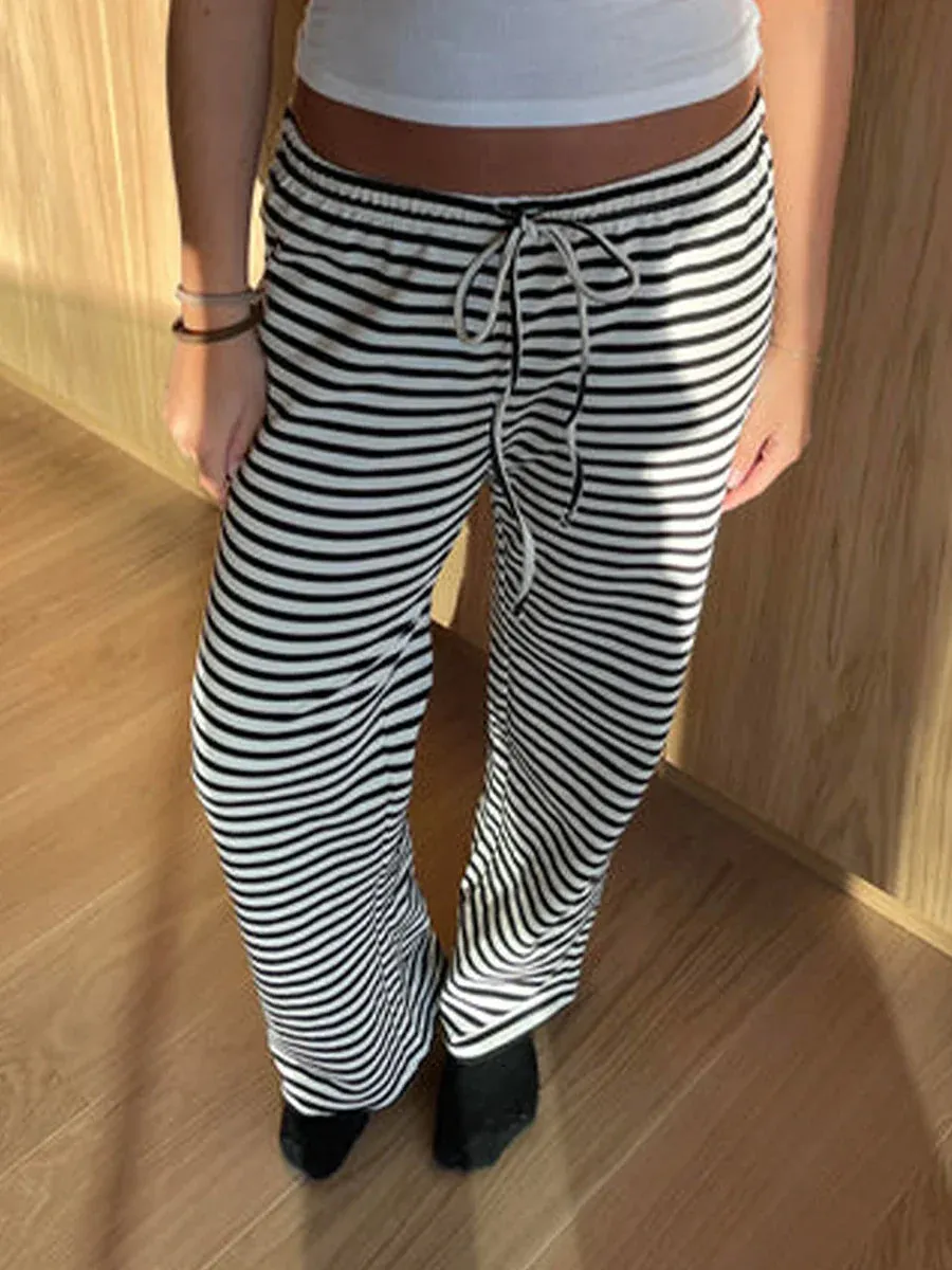 Drawstring Elastic Waist Striped Spring Summer Lounge Sweat Loose Pants