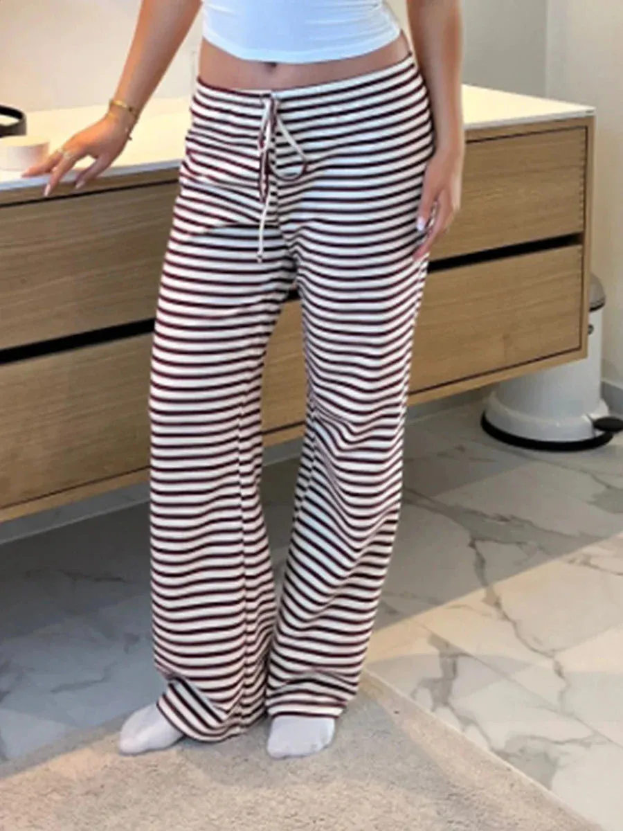 Drawstring Elastic Waist Striped Spring Summer Lounge Sweat Loose Pants