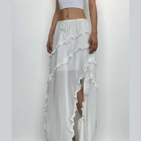 Drawstring ruffle slit irregular solid maxi skirt