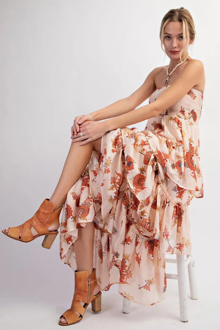 ECRU PRINTED SILKY VOILIE TIERED RUFFLE MAXI SKIRT OR DRESS