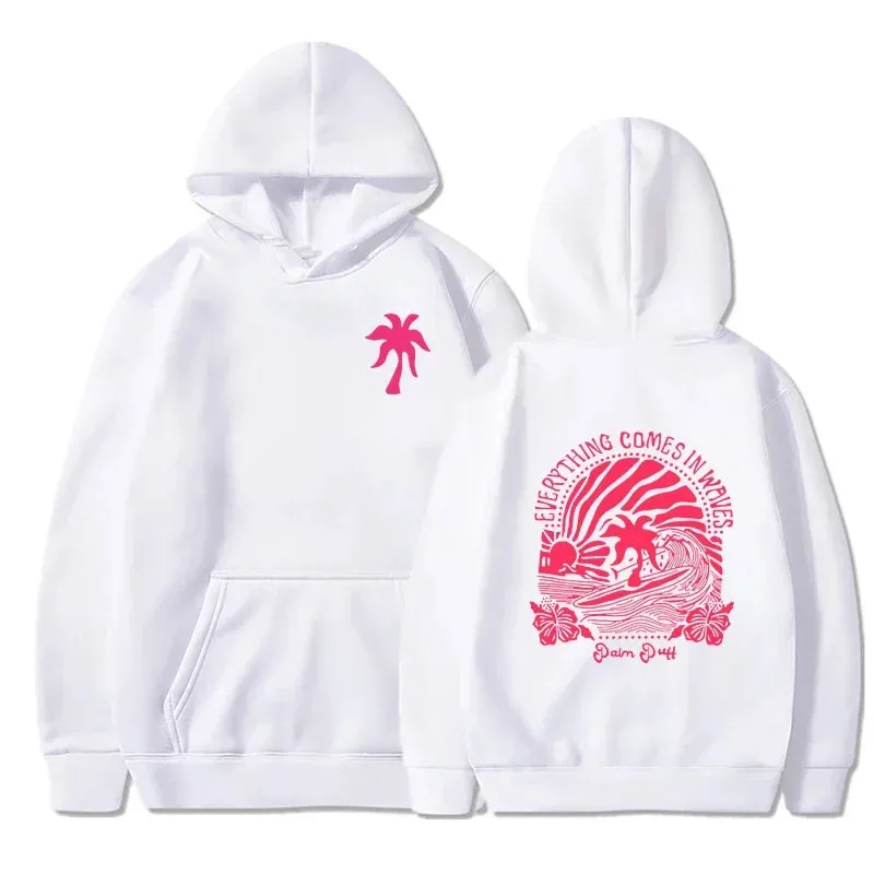 Everything Comes in Waves Graphic Sweatshirts Hoodies Women Surfer Lover Gift Pink Palm Puff Cartoon Classic Street Style Hoodie