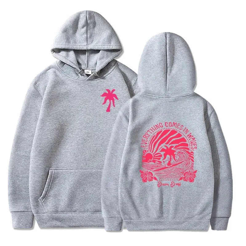 Everything Comes in Waves Graphic Sweatshirts Hoodies Women Surfer Lover Gift Pink Palm Puff Cartoon Classic Street Style Hoodie