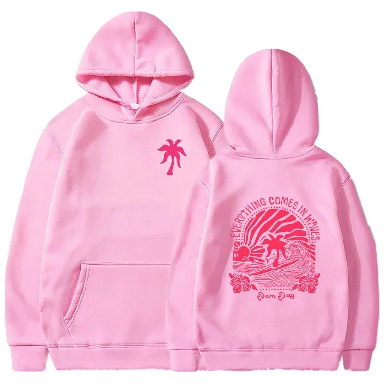 Everything Comes in Waves Graphic Sweatshirts Hoodies Women Surfer Lover Gift Pink Palm Puff Cartoon Classic Street Style Hoodie