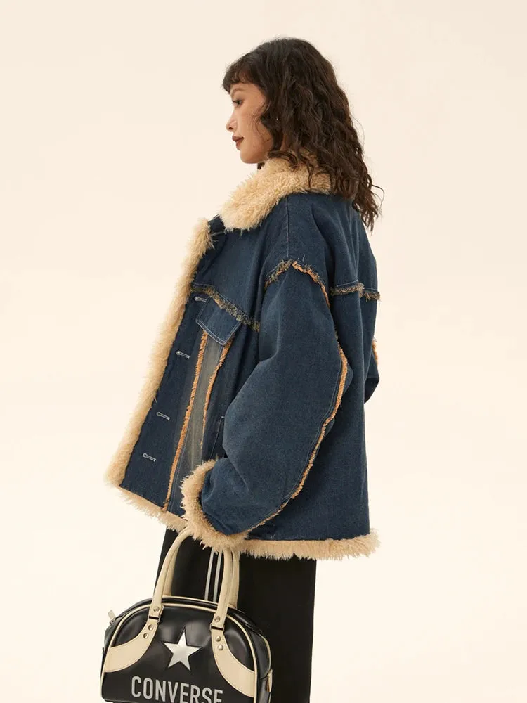 Faux Fur Spliced Fleece Lined Denim Jacket for Women