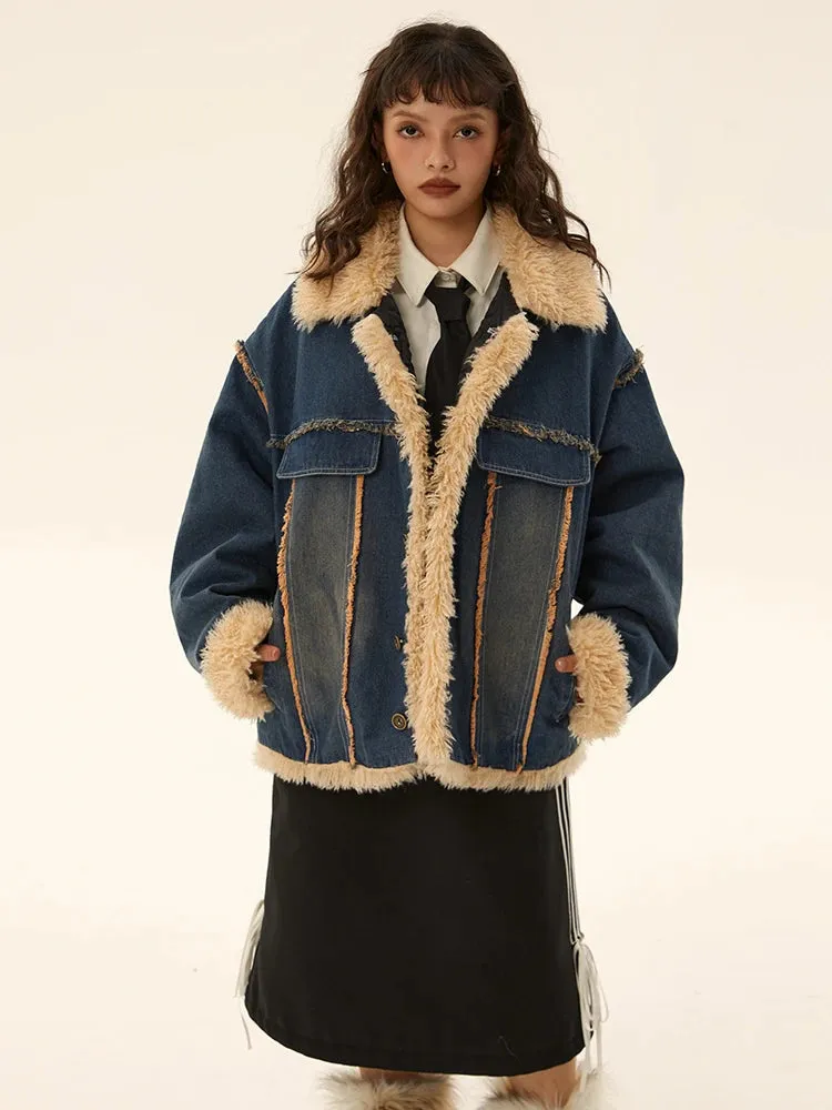 Faux Fur Spliced Fleece Lined Denim Jacket for Women