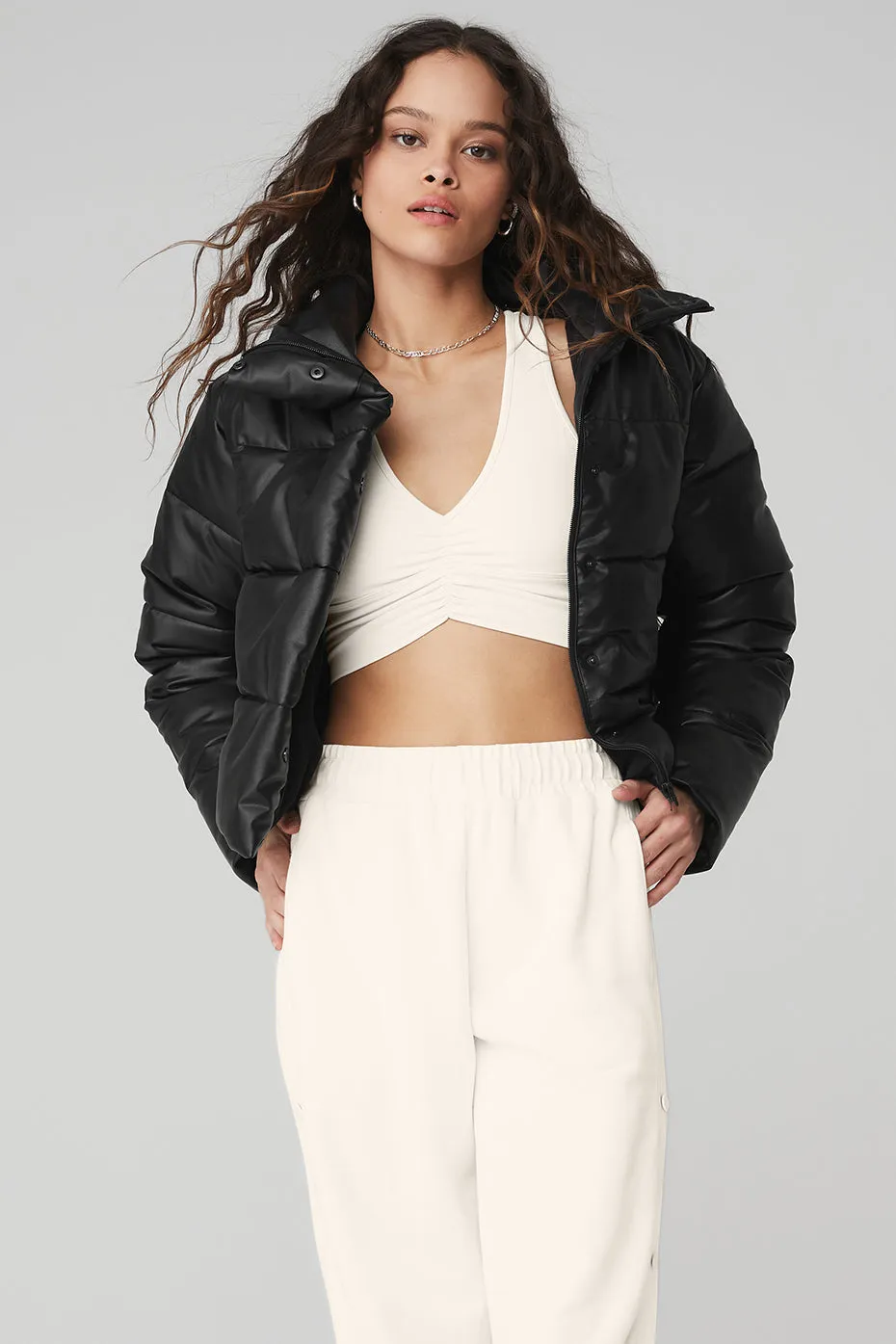 Faux Leather Gold Rush Puffer - Black