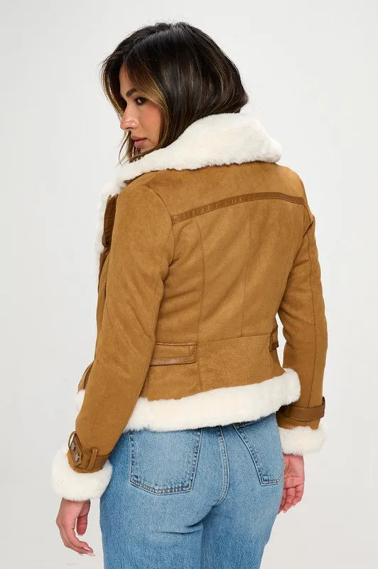 Faux Suede Moto Jacket with Faux Fur Accents