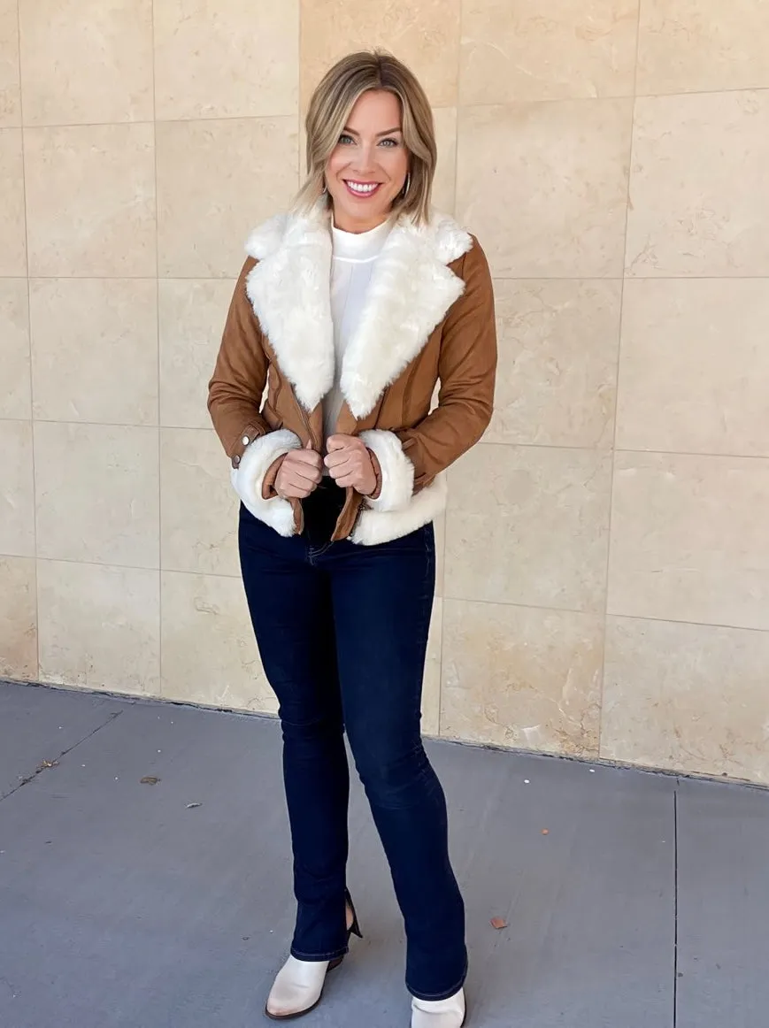 Faux Suede Moto Jacket with Faux Fur Accents