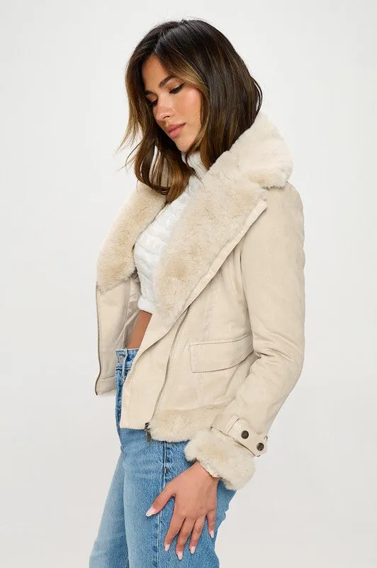 Faux Suede Moto Jacket with Faux Fur Accents