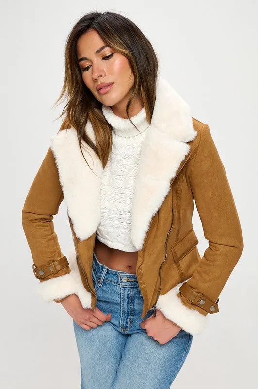 Faux Suede Moto Jacket with Faux Fur Accents