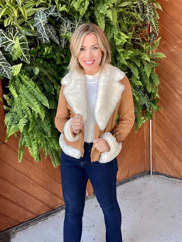 Faux Suede Moto Jacket with Faux Fur Accents