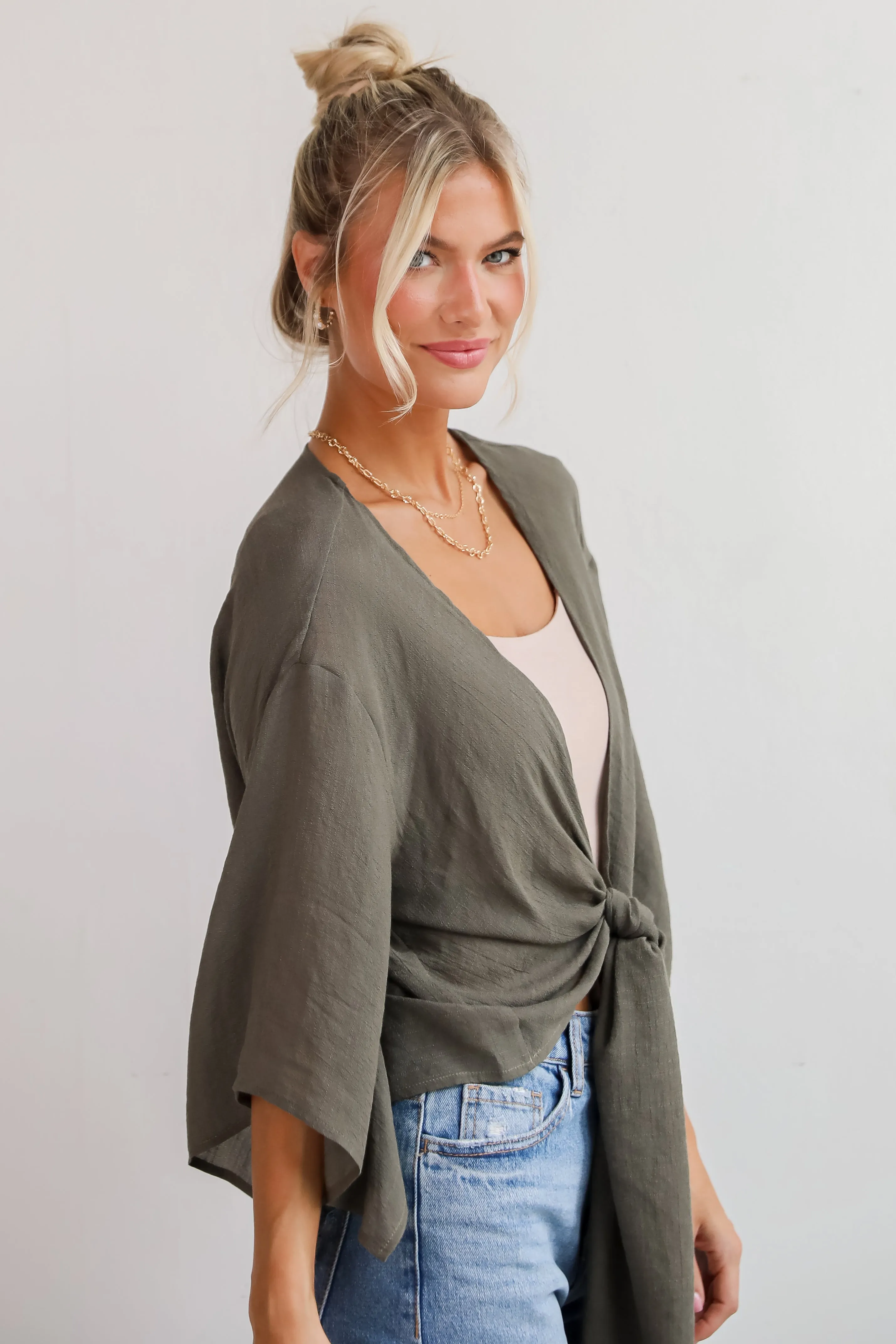 FINAL SALE - Enchanting Presence Olive Tie-Front Blouse