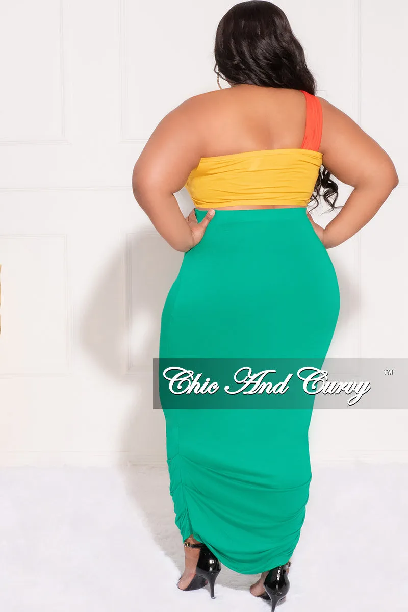 Final Sale Plus Size 2pc One Shoulder Twist Front Bra Top and Ruched Skirt in Orang Yellow and Green