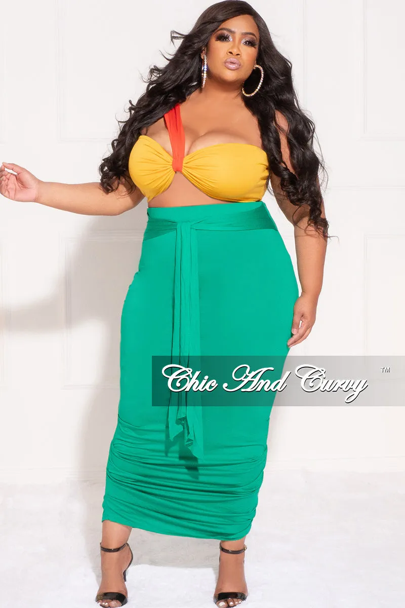 Final Sale Plus Size 2pc One Shoulder Twist Front Bra Top and Ruched Skirt in Orang Yellow and Green