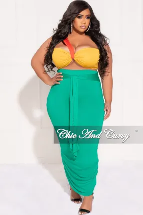 Final Sale Plus Size 2pc One Shoulder Twist Front Bra Top and Ruched Skirt in Orang Yellow and Green