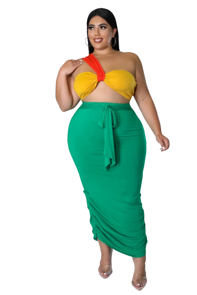 Final Sale Plus Size 2pc One Shoulder Twist Front Bra Top and Ruched Skirt in Orang Yellow and Green