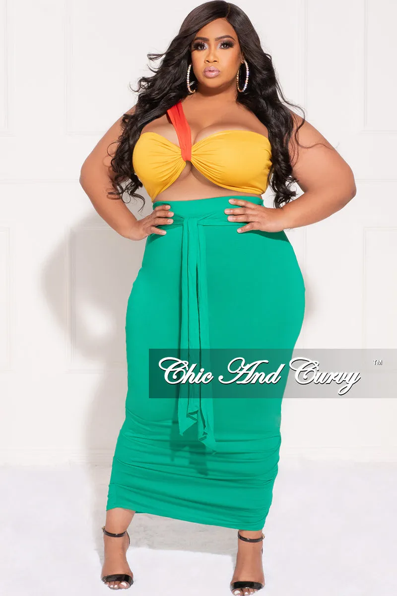 Final Sale Plus Size 2pc One Shoulder Twist Front Bra Top and Ruched Skirt in Orang Yellow and Green