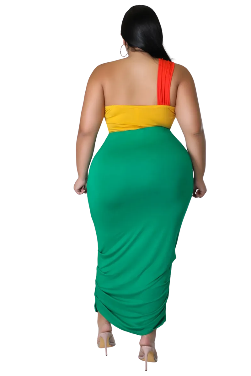 Final Sale Plus Size 2pc One Shoulder Twist Front Bra Top and Ruched Skirt in Orang Yellow and Green