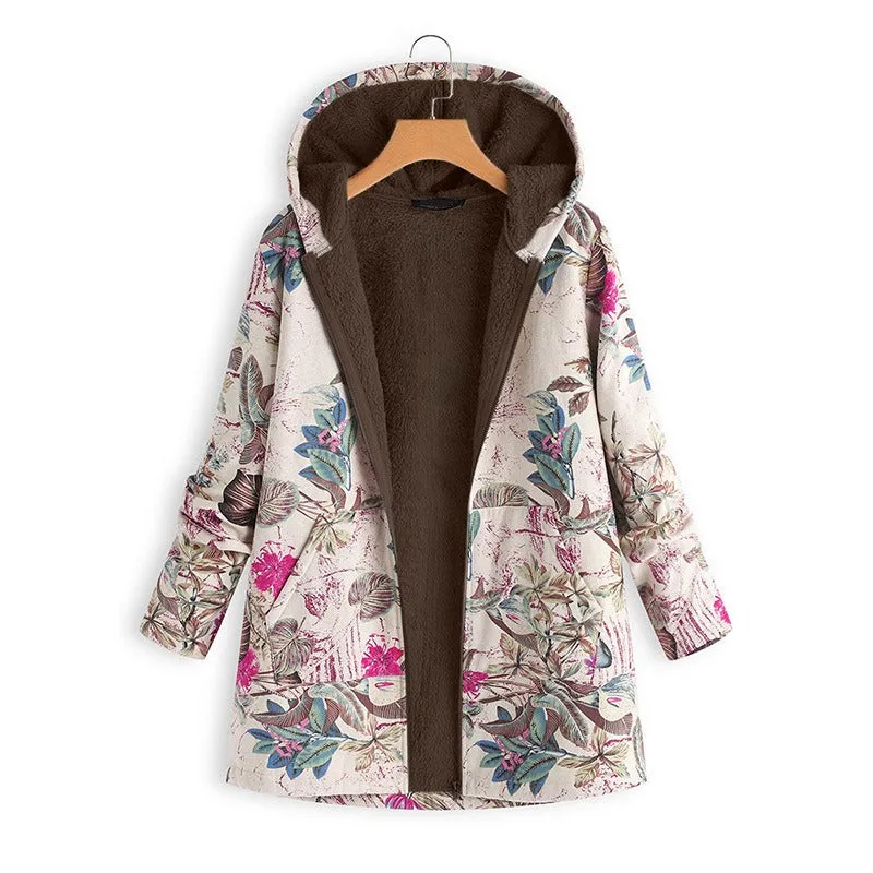 Floral Print Long Sleeve Hooded Winter Coat