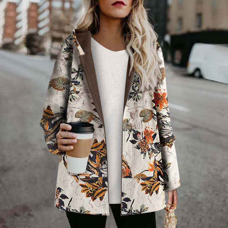 Floral Print Long Sleeve Hooded Winter Coat