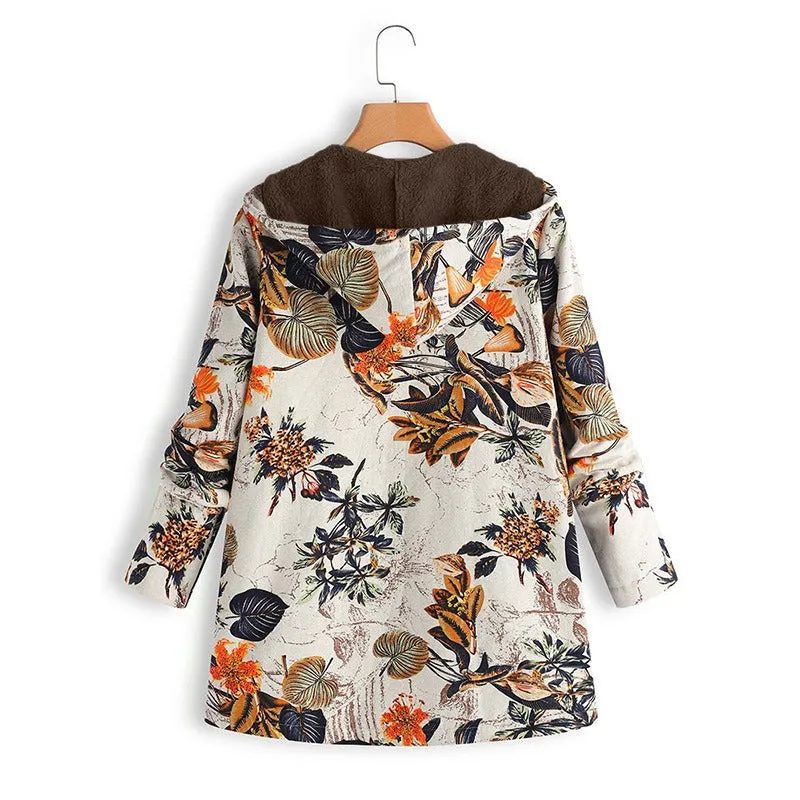 Floral Print Long Sleeve Hooded Winter Coat