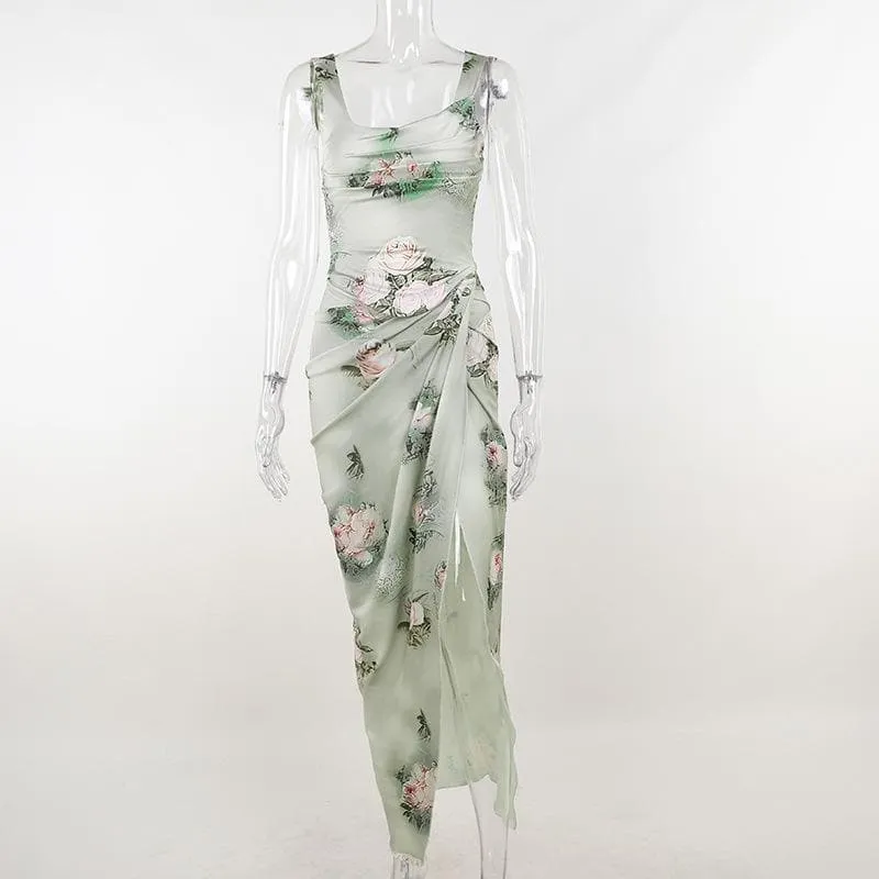 Flower print cowl neck contrast slit ruched sleeveless maxi skirt set