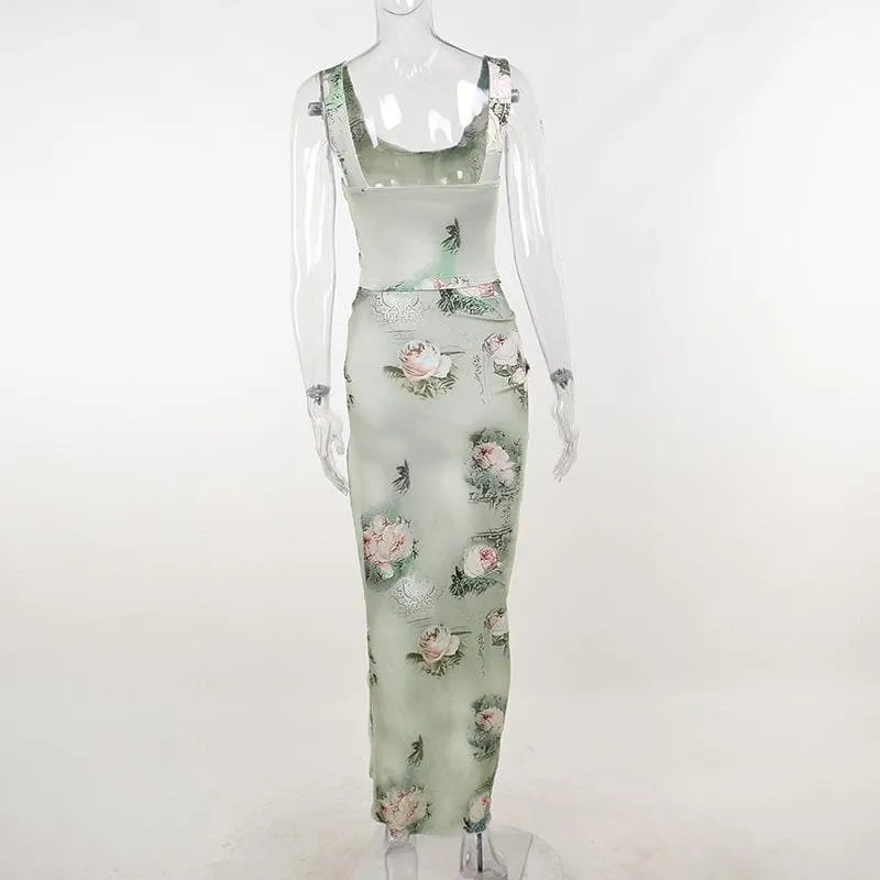 Flower print cowl neck contrast slit ruched sleeveless maxi skirt set