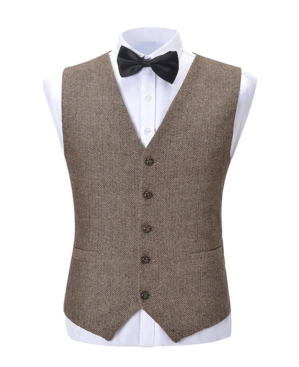 Formal Men's Suit Vest Slim Fit Herringbone V Neck Waistcoat