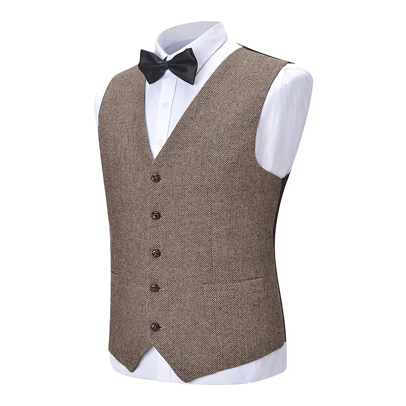 Formal Men's Suit Vest Slim Fit Herringbone V Neck Waistcoat