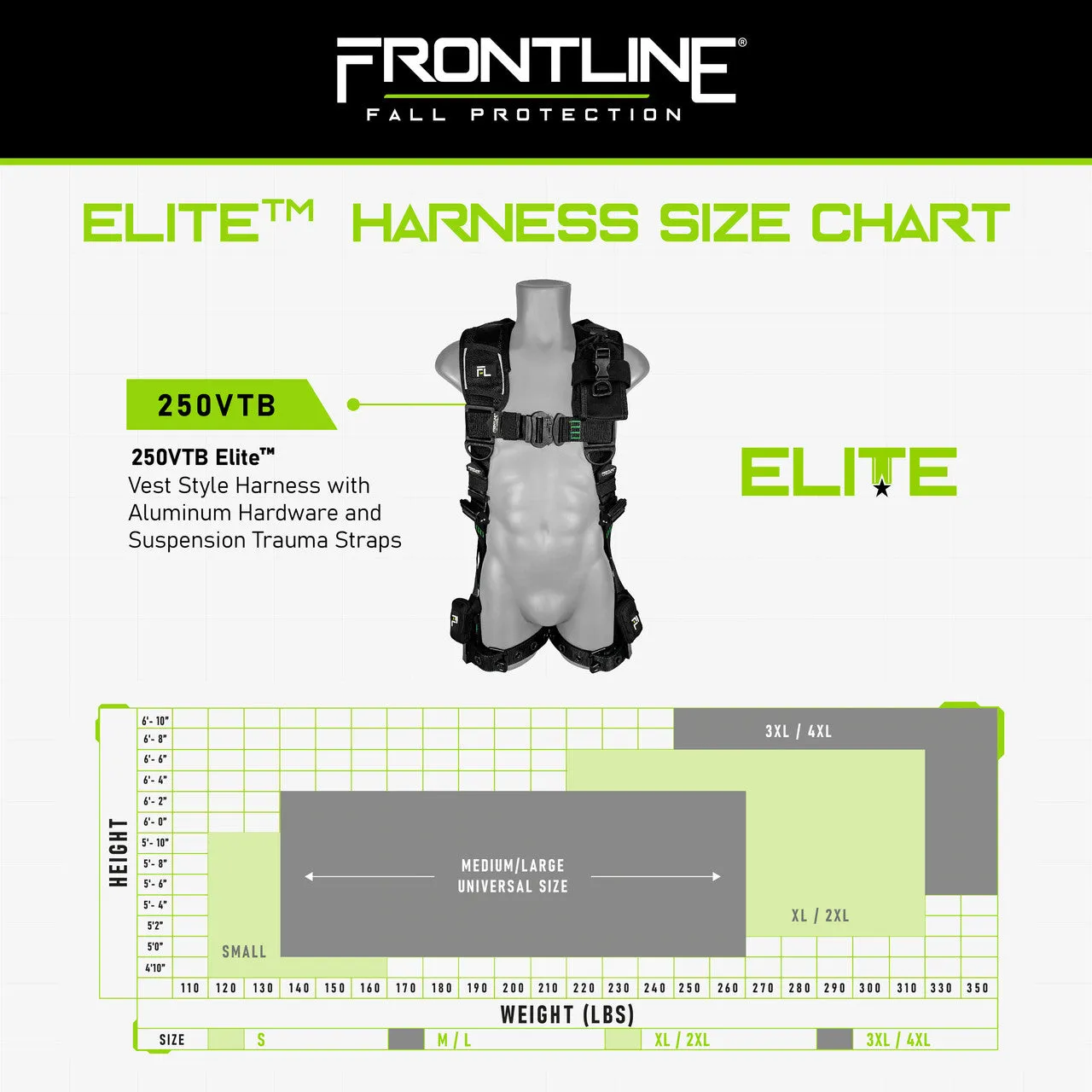 Frontline 250VTB Elite Vest Style Harness with Aluminum Hardware and Suspension Trauma Straps S