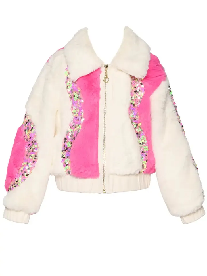 GBY 2 Tone Faux Fur Sequins Bomber Jacket