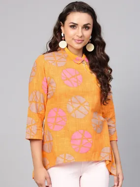 Geometric Printed Yellow Cotton Tunic With Side Placket & 3/4 Sleeves