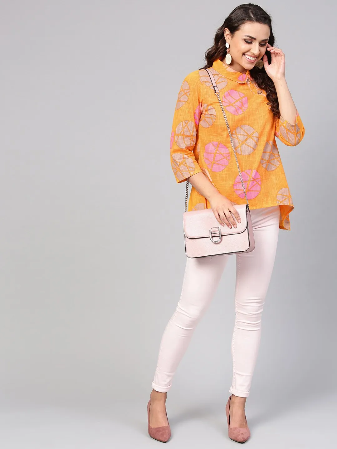 Geometric Printed Yellow Cotton Tunic With Side Placket & 3/4 Sleeves