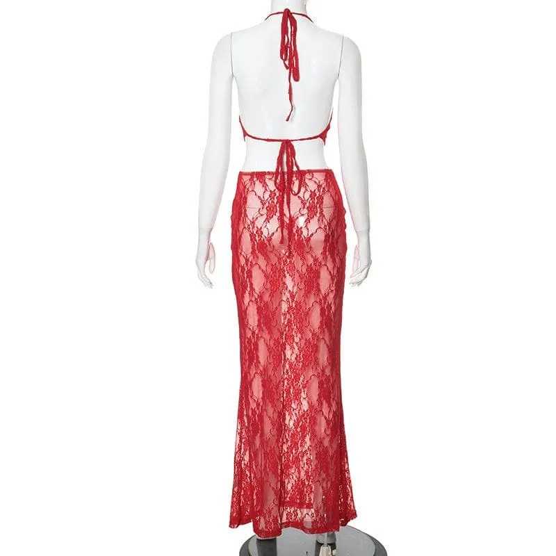 Halter u neck lace see through ruched backless maxi skirt set