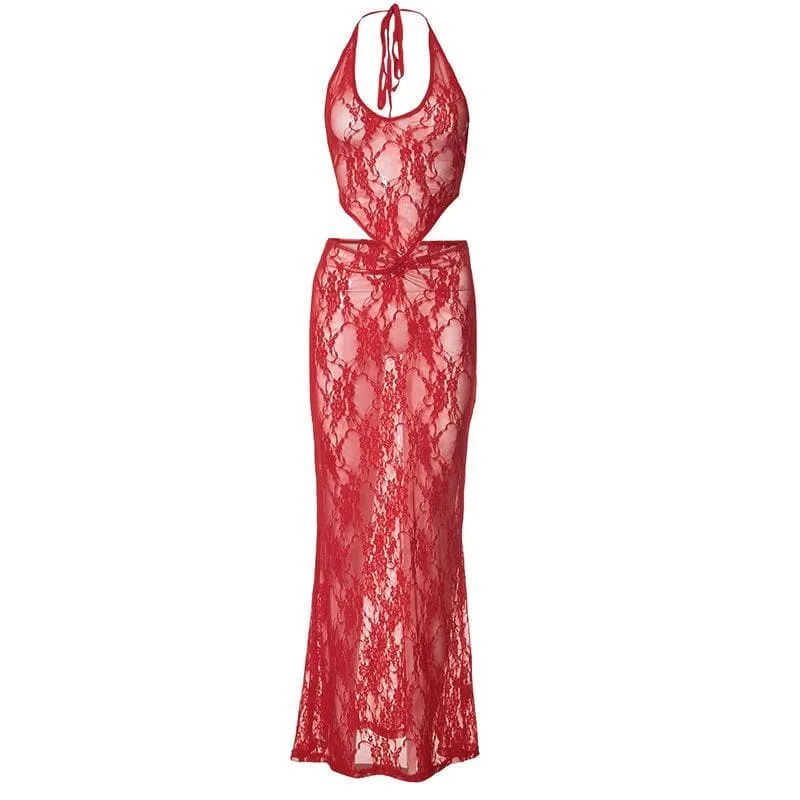 Halter u neck lace see through ruched backless maxi skirt set