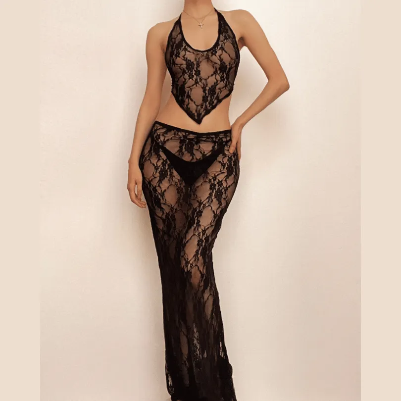 Halter u neck lace see through ruched backless maxi skirt set