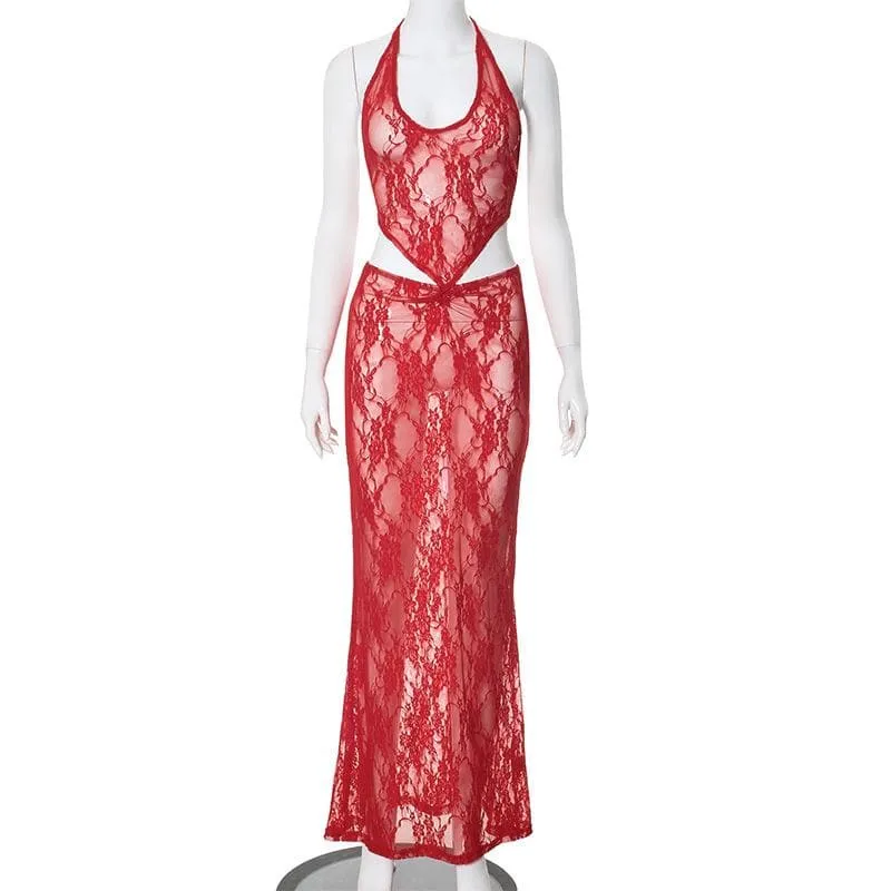 Halter u neck lace see through ruched backless maxi skirt set