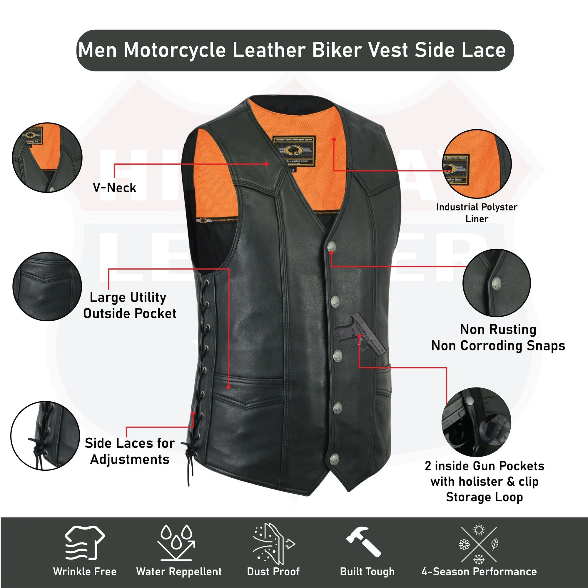 HL11614NKD  Side Lace Basic Motorcycle Leather Vest Side Lace