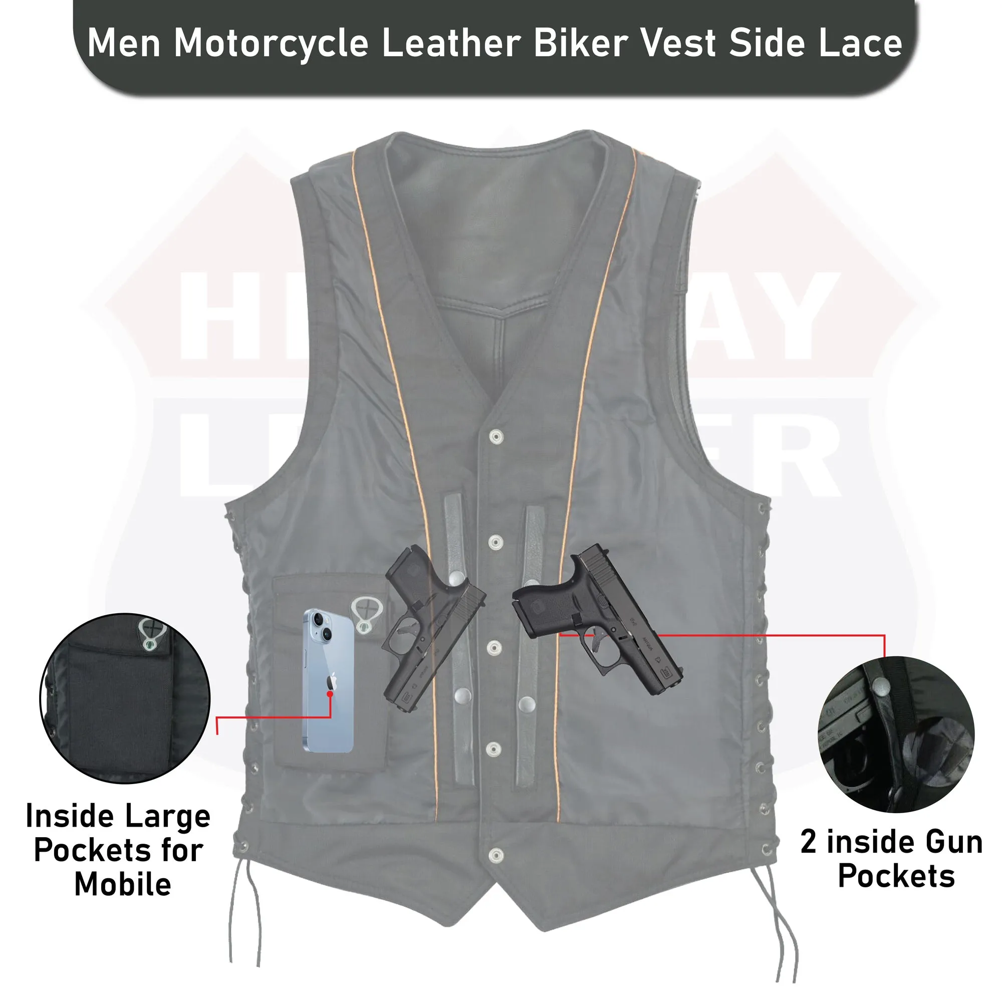 HL11614NKD  Side Lace Basic Motorcycle Leather Vest Side Lace