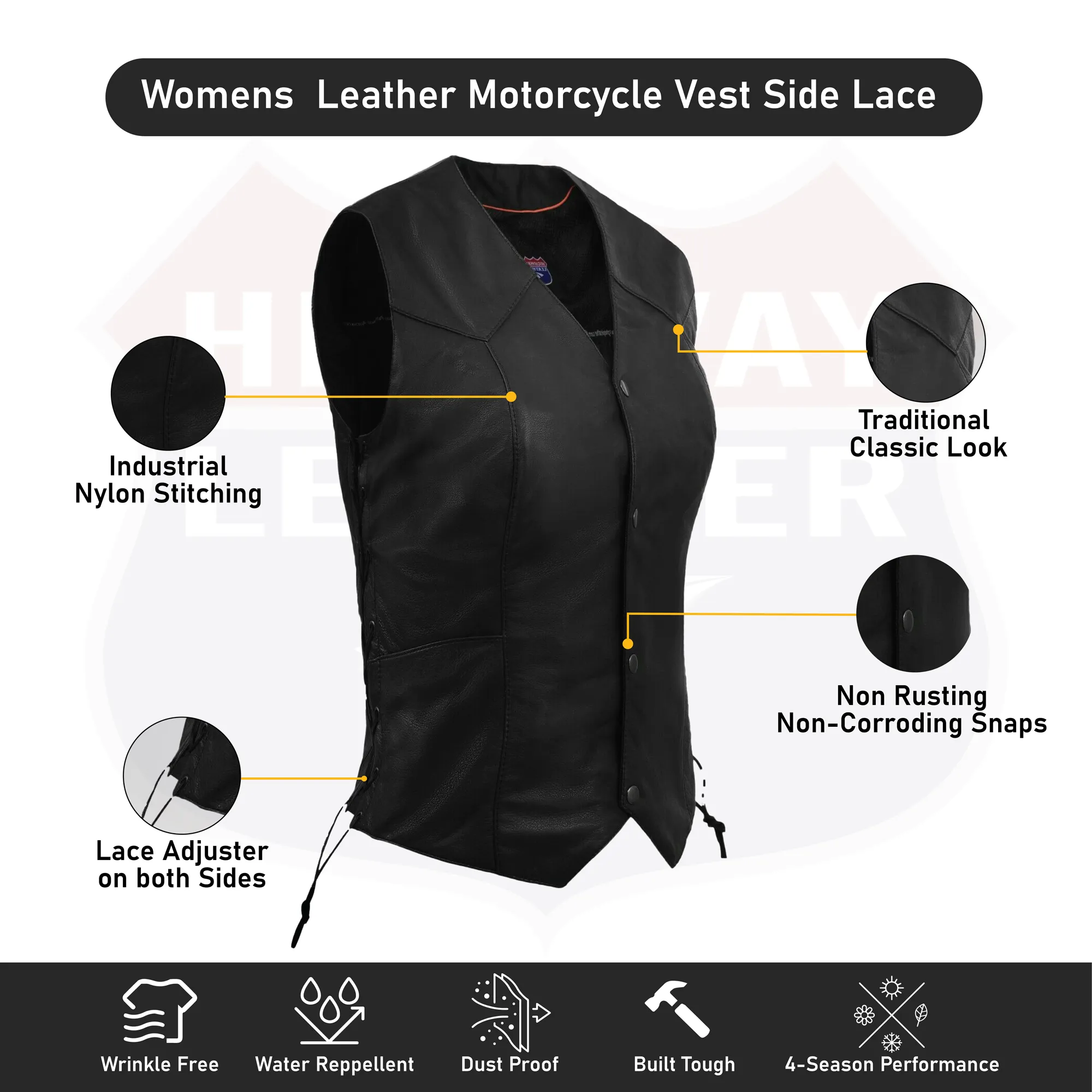 HL14501Black Women's Side Lace Leather Vest - The Classic